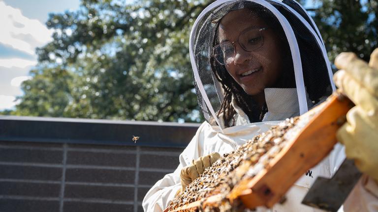 乔治亚理工学院的Janelle Dunlap在Kendeda大楼进行创新可持续设计的蜂巢检查。